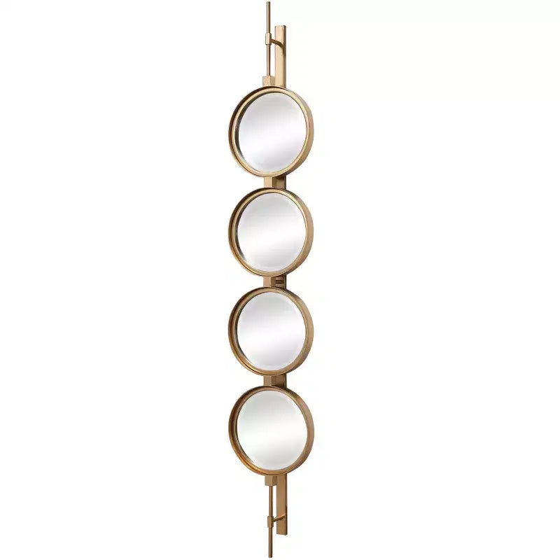 Miroir mural contemporain avec boutons, cadre en fer feuille d'or, 4 verres biseautés ronds, 25,4 x 152,4 cm