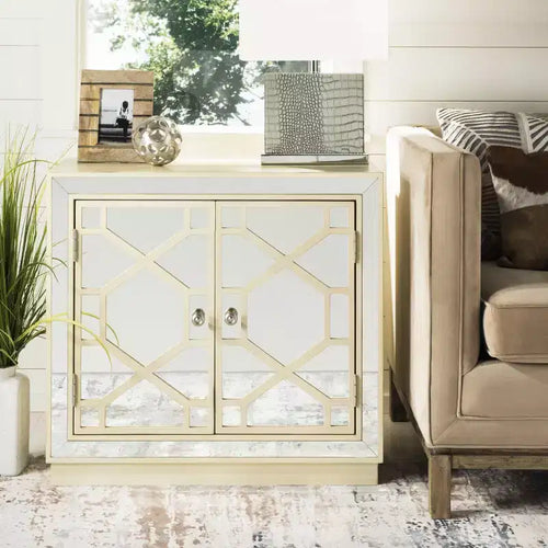 Armoire à 2 portes, finition champagne et miroir, acacia et MDF, 31,9"x16"x29"