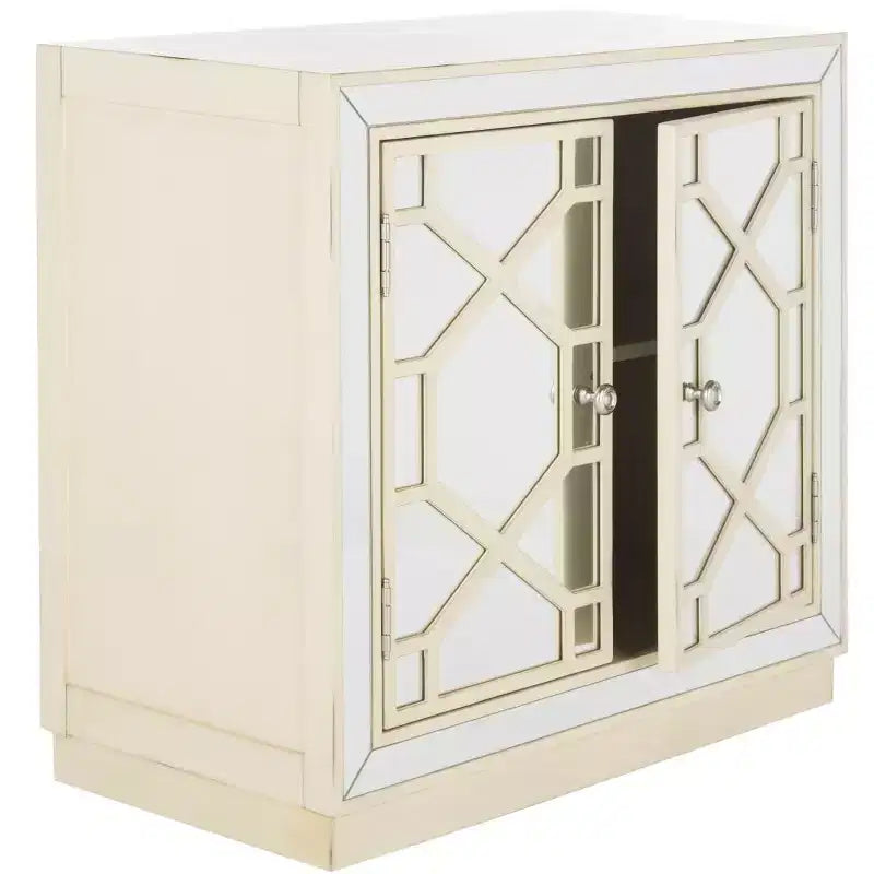 Armoire à 2 portes, finition champagne et miroir, acacia et MDF, 31,9"x16"x29"