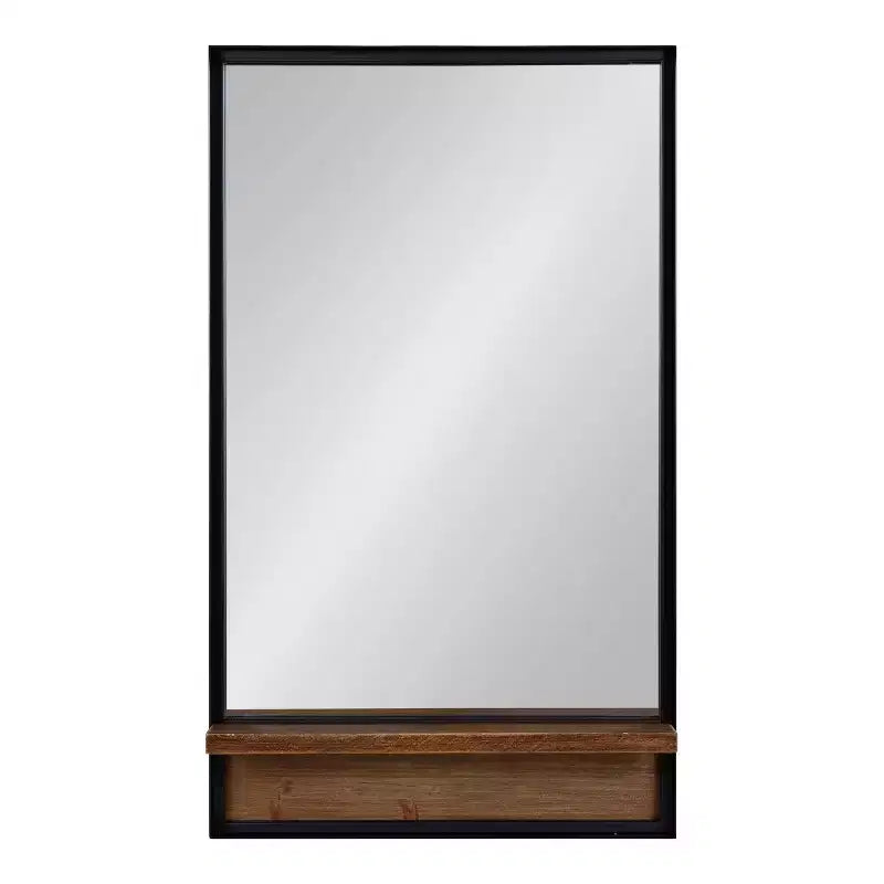 Miroir mural rectangulaire avec étagère en bois, cadre en métal noir et marron rustique, 20"x34"
