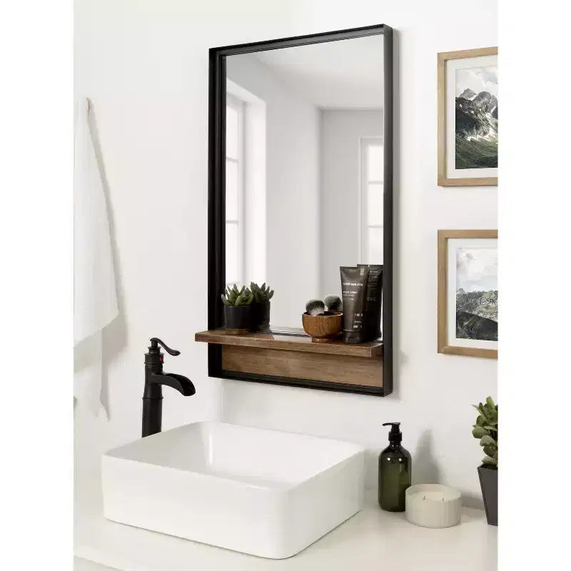 Miroir mural rectangulaire avec étagère en bois, cadre en métal noir et marron rustique, 20"x34"