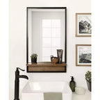 Miroir mural rectangulaire avec étagère en bois, cadre en métal noir et marron rustique, 20"x34"