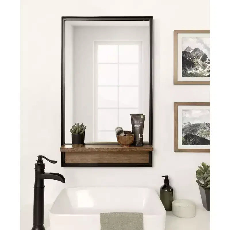 Miroir mural rectangulaire avec étagère en bois, cadre en métal noir et marron rustique, 20"x34"