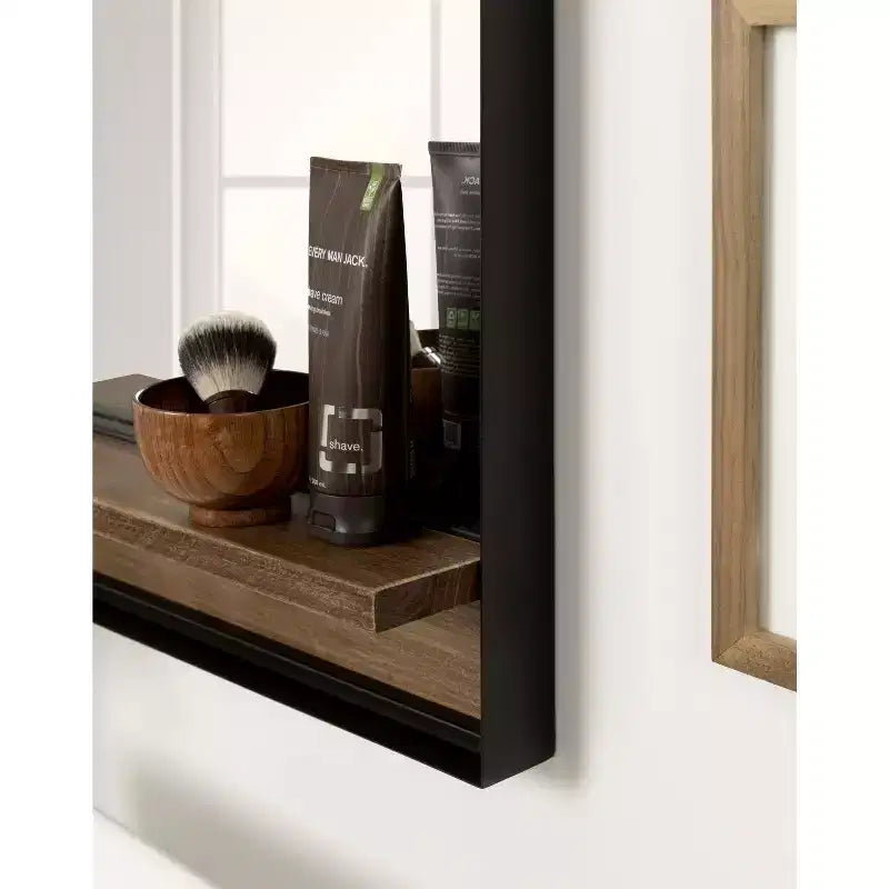 Miroir mural rectangulaire avec étagère en bois, cadre en métal noir et marron rustique, 20"x34"
