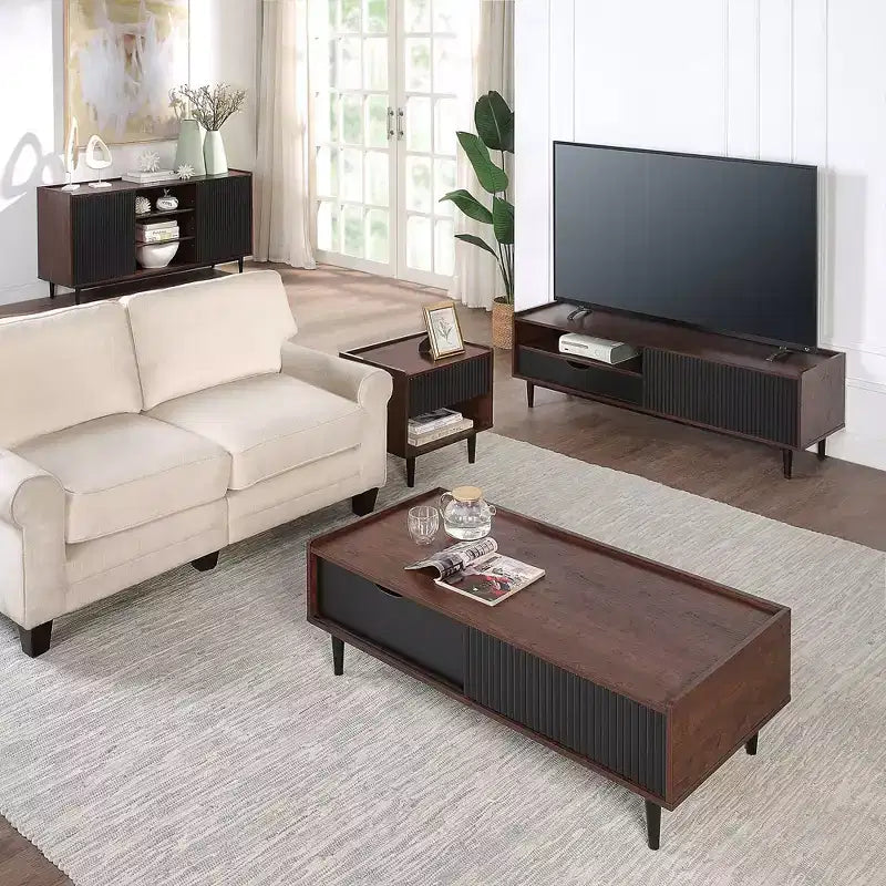 Table basse nervurée avec tiroir et étagère inférieure, table d'appoint moderne pour salon