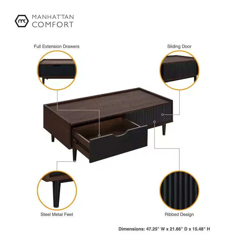 Table basse nervurée avec tiroir et étagère inférieure, table d'appoint moderne pour salon