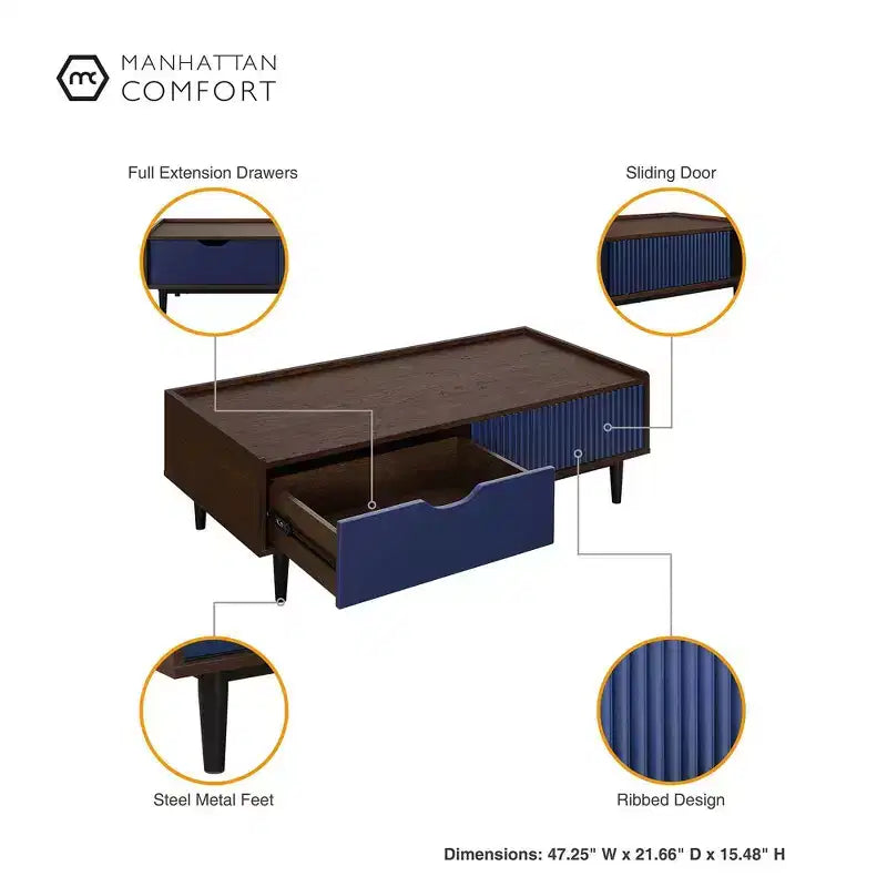 Table basse nervurée avec tiroir et étagère inférieure, table d'appoint moderne pour salon