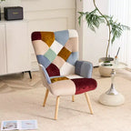 Fauteuil d'appoint à oreilles en patchwork, pieds en bois d'hévéa, capacité de 150 kg