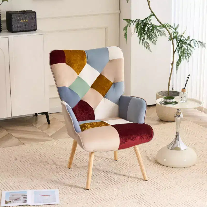 Fauteuil d'appoint à oreilles en patchwork, pieds en bois d'hévéa, capacité de 150 kg