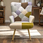 Fauteuil d'appoint à oreilles en patchwork, pieds en bois d'hévéa, capacité de 150 kg