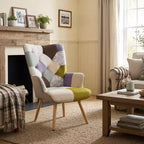 Fauteuil d'appoint à oreilles en patchwork, pieds en bois d'hévéa, capacité de 150 kg