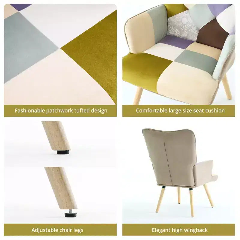 Fauteuil d'appoint à oreilles en patchwork, pieds en bois d'hévéa, capacité de 150 kg