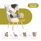 Fauteuil d'appoint à oreilles en patchwork, pieds en bois d'hévéa, capacité de 150 kg
