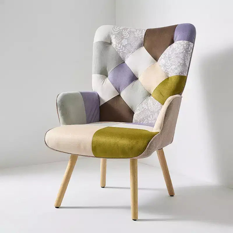Fauteuil d'appoint à oreilles en patchwork, pieds en bois d'hévéa, capacité de 150 kg