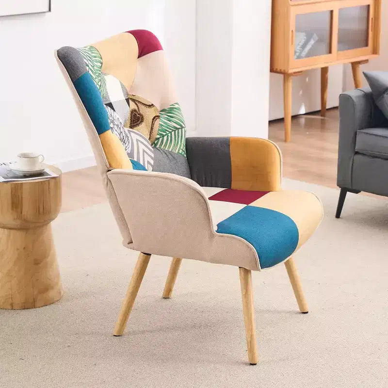 Fauteuil d'appoint à oreilles en patchwork, pieds en bois d'hévéa, capacité de 150 kg
