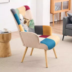 Fauteuil d'appoint à oreilles en patchwork, pieds en bois d'hévéa, capacité de 150 kg