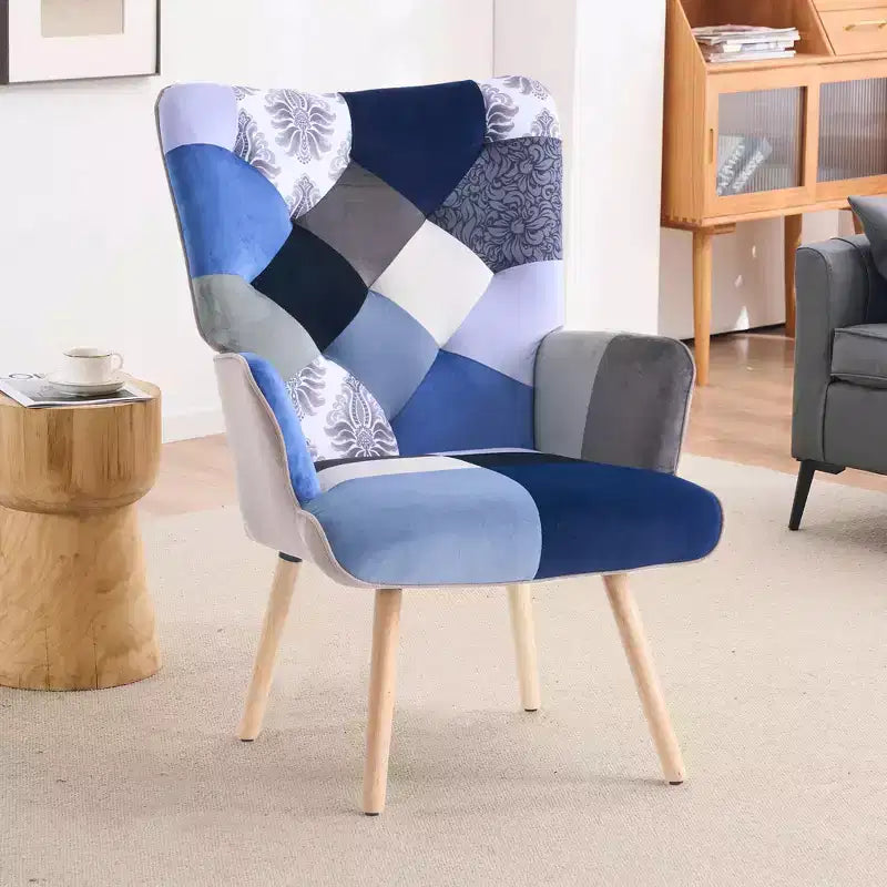 Fauteuil d'appoint à oreilles en patchwork, pieds en bois d'hévéa, capacité de 150 kg