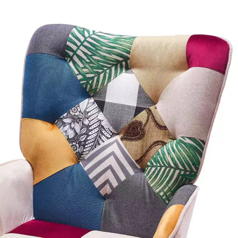 Fauteuil d'appoint à oreilles en patchwork, pieds en bois d'hévéa, capacité de 150 kg
