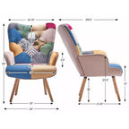 Fauteuil d'appoint à oreilles en patchwork, pieds en bois d'hévéa, capacité de 150 kg