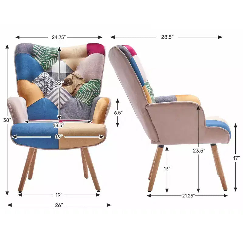 Fauteuil d'appoint à oreilles en patchwork, pieds en bois d'hévéa, capacité de 150 kg