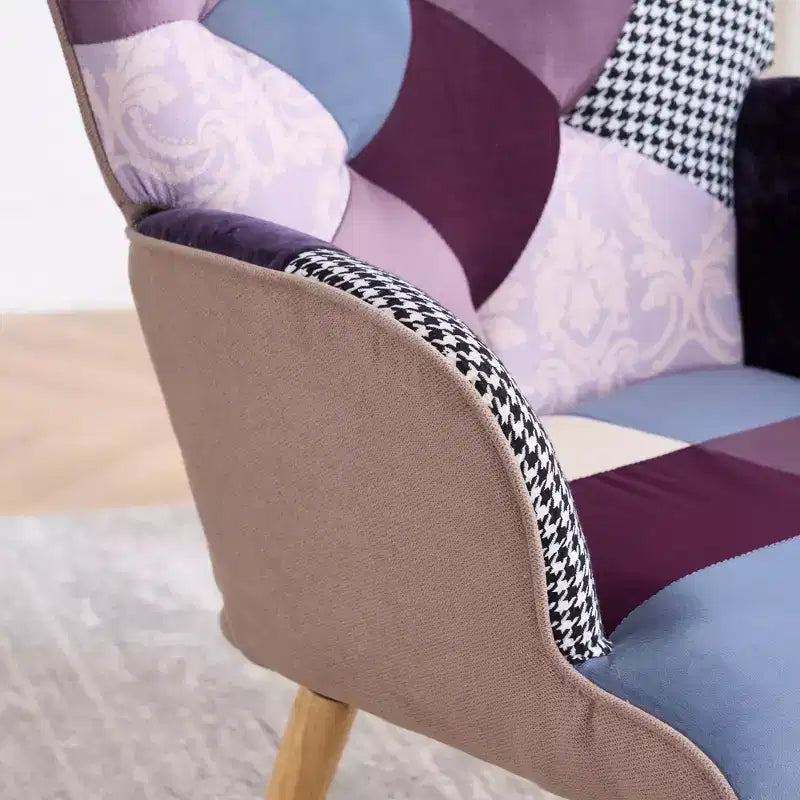 Fauteuil d'appoint à oreilles en patchwork, pieds en bois d'hévéa, capacité de 150 kg