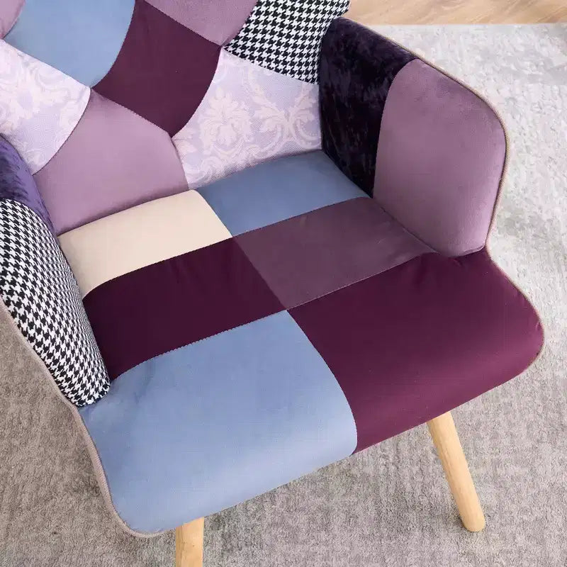 Fauteuil d'appoint à oreilles en patchwork, pieds en bois d'hévéa, capacité de 150 kg