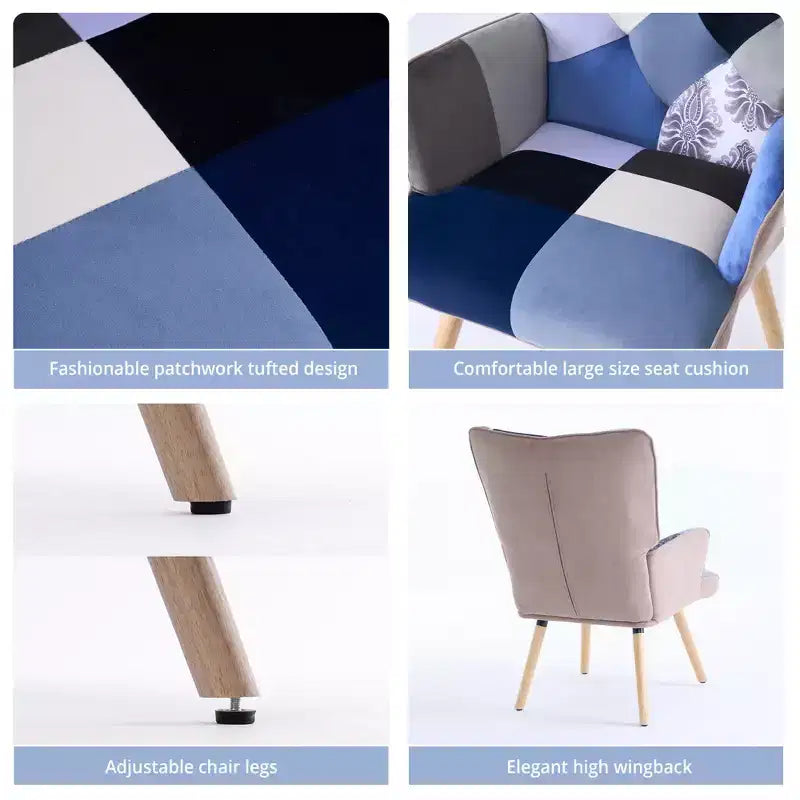 Fauteuil d'appoint à oreilles en patchwork, pieds en bois d'hévéa, capacité de 150 kg