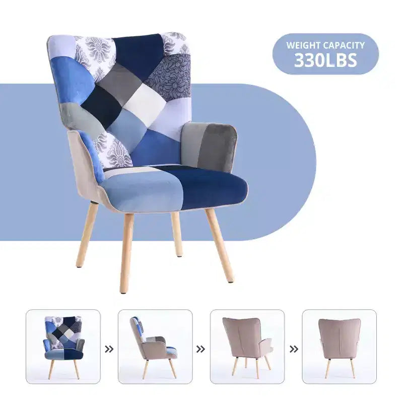 Fauteuil d'appoint à oreilles en patchwork, pieds en bois d'hévéa, capacité de 150 kg