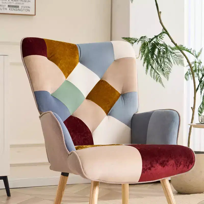 Fauteuil d'appoint à oreilles en patchwork, pieds en bois d'hévéa, capacité de 150 kg