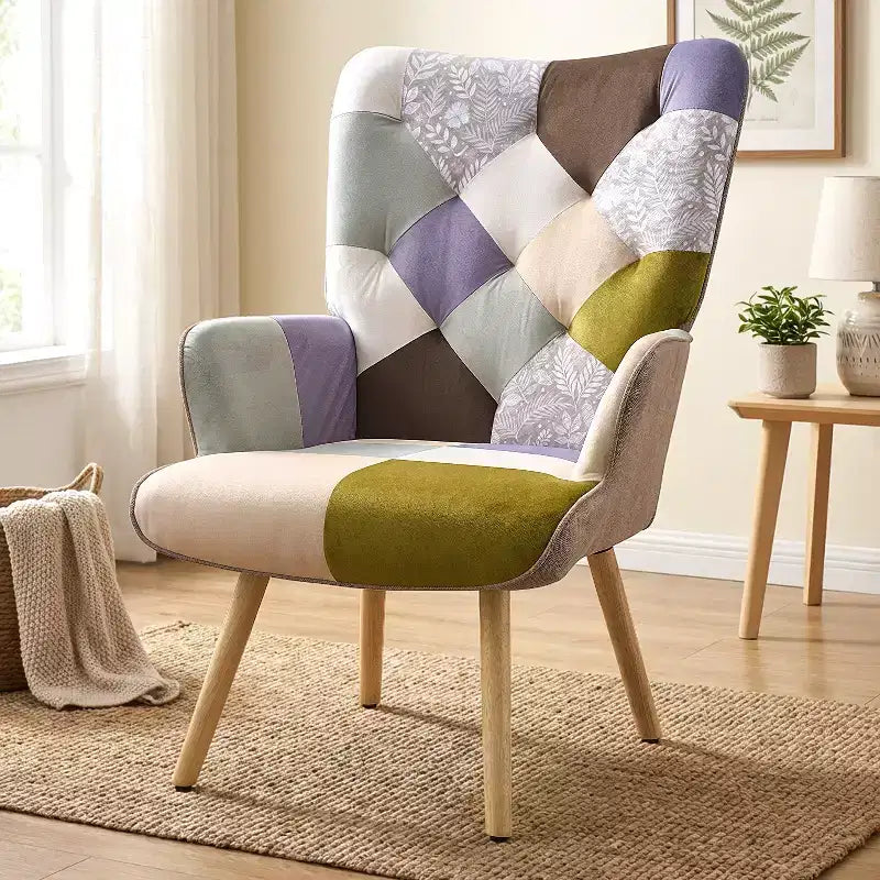 Fauteuil d'appoint à oreilles en patchwork, pieds en bois d'hévéa, capacité de 150 kg