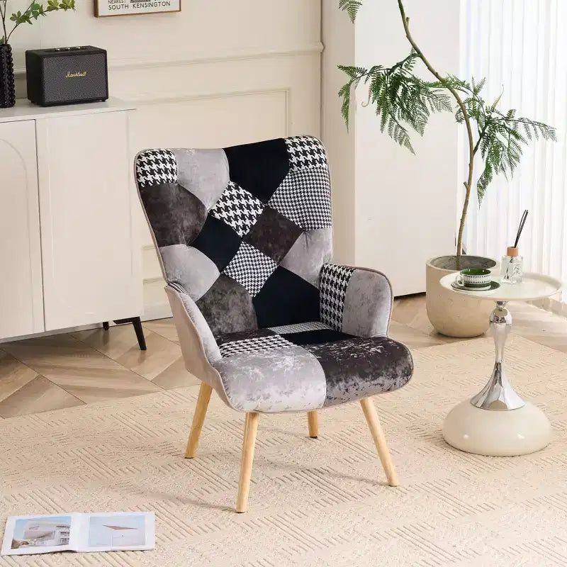 Fauteuil d'appoint à oreilles en patchwork, pieds en bois d'hévéa, capacité de 150 kg