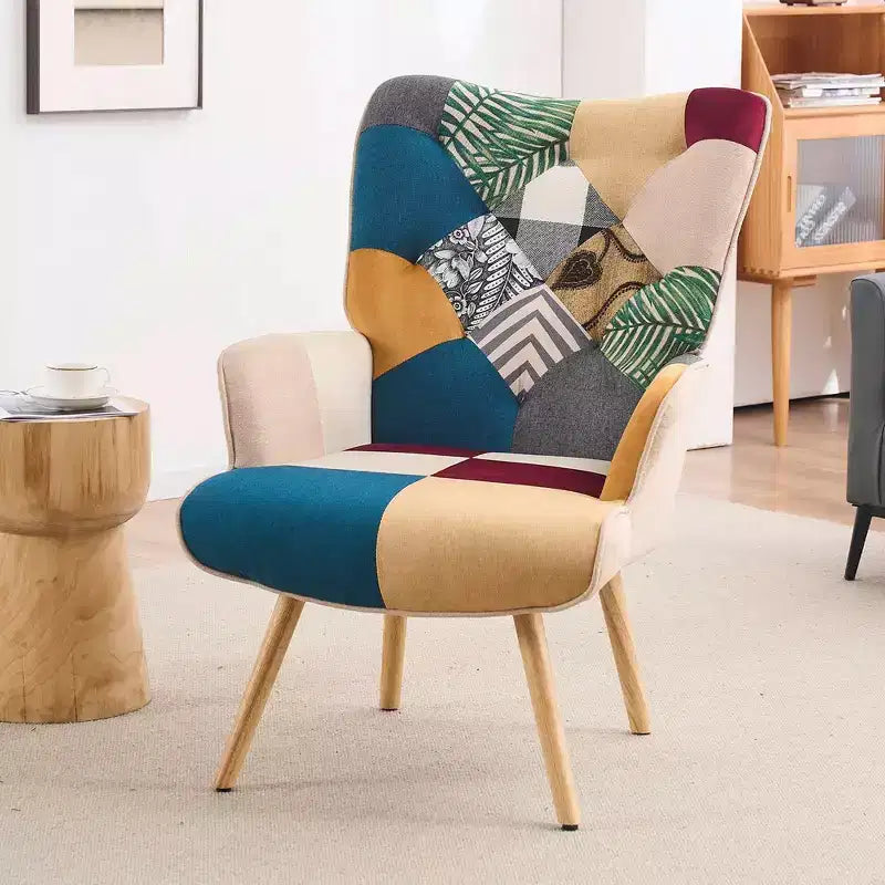 Fauteuil d'appoint à oreilles en patchwork, pieds en bois d'hévéa, capacité de 150 kg