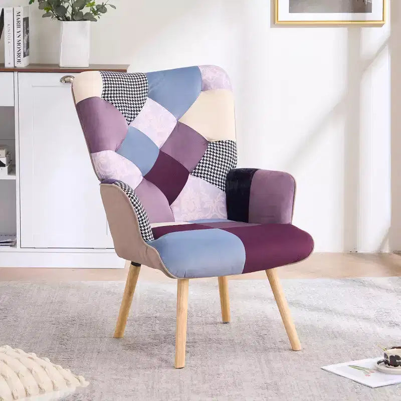 Fauteuil d'appoint à oreilles en patchwork, pieds en bois d'hévéa, capacité de 150 kg