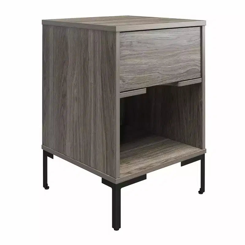 Table de chevet rustique en chêne vieilli avec tiroir et étagère ouverte, MDF et pieds en métal, 45 x 45 x 66 cm