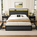Hausource Upholstered Bed Frame with 2 Storage Drawers, LED Headboard, USB Ports, Dark Gray