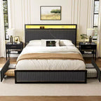 Hausource Upholstered Bed Frame with 2 Storage Drawers, LED Headboard, USB Ports, Dark Gray