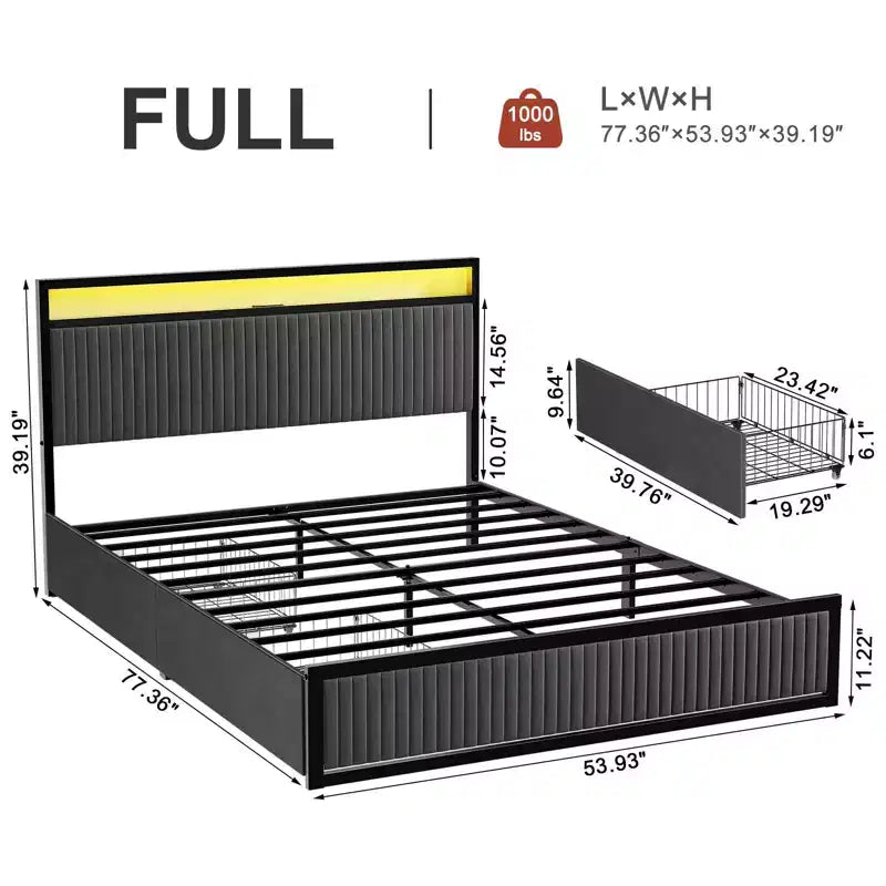 Cadre de lit plateforme rembourré avec 2 tiroirs de rangement, tête de lit LED et ports USB, gris foncé