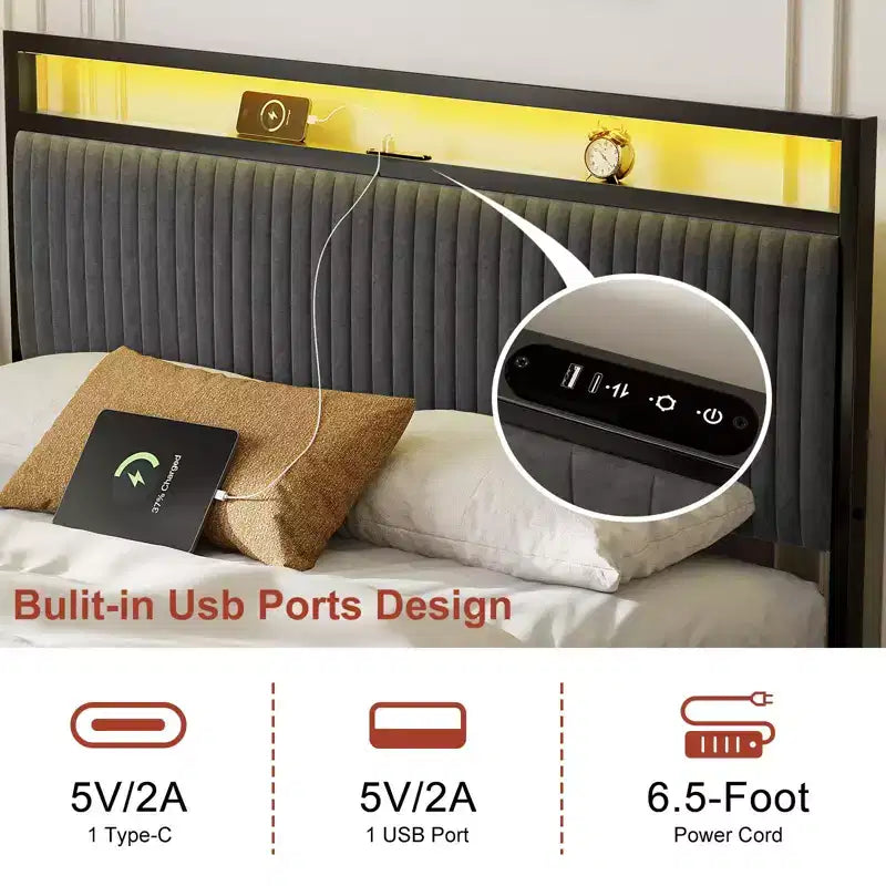 Cadre de lit plateforme rembourré avec 2 tiroirs de rangement, tête de lit LED et ports USB, gris foncé