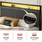 Cadre de lit plateforme rembourré avec 2 tiroirs de rangement, tête de lit LED et ports USB, gris foncé