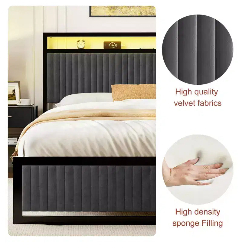 Cadre de lit plateforme rembourré avec 2 tiroirs de rangement, tête de lit LED et ports USB, gris foncé