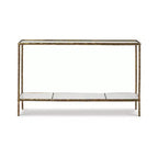 Console en aluminium moulé de couleur laiton antique, plateau en verre et étagère en marbre, 52"x12,5"x32,75"