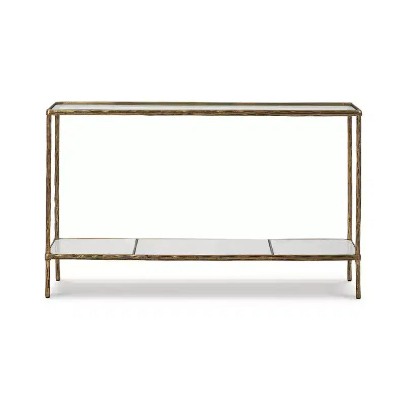 Console en aluminium moulé de couleur laiton antique, plateau en verre et étagère en marbre, 52"x12,5"x32,75"