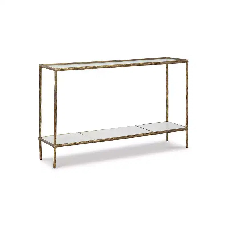 Console en aluminium moulé de couleur laiton antique, plateau en verre et étagère en marbre, 52"x12,5"x32,75"