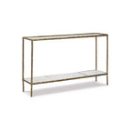 Console en aluminium moulé de couleur laiton antique, plateau en verre et étagère en marbre, 52"x12,5"x32,75"