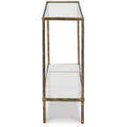 Console en aluminium moulé de couleur laiton antique, plateau en verre et étagère en marbre, 52"x12,5"x32,75"