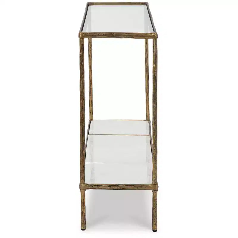 Console en aluminium moulé de couleur laiton antique, plateau en verre et étagère en marbre, 52"x12,5"x32,75"