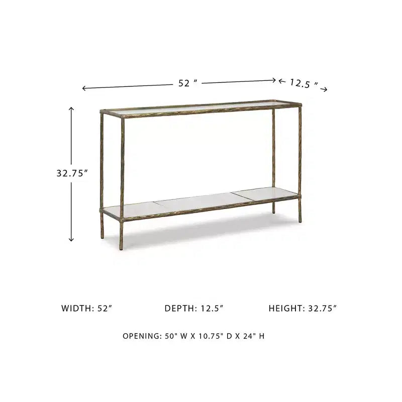 Console en aluminium moulé de couleur laiton antique, plateau en verre et étagère en marbre, 52"x12,5"x32,75"