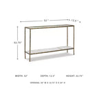 Console en aluminium moulé de couleur laiton antique, plateau en verre et étagère en marbre, 52"x12,5"x32,75"