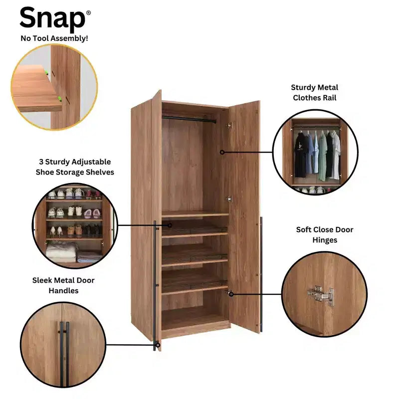 Armoire penderie 2 portes 4 étagères avec tringle et dispositif anti-basculement, 80 x 58 x 213 cm