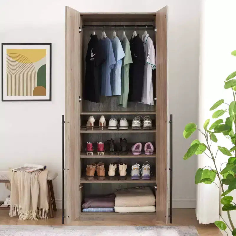 Armoire penderie 2 portes 4 étagères avec tringle et dispositif anti-basculement, 80 x 58 x 213 cm